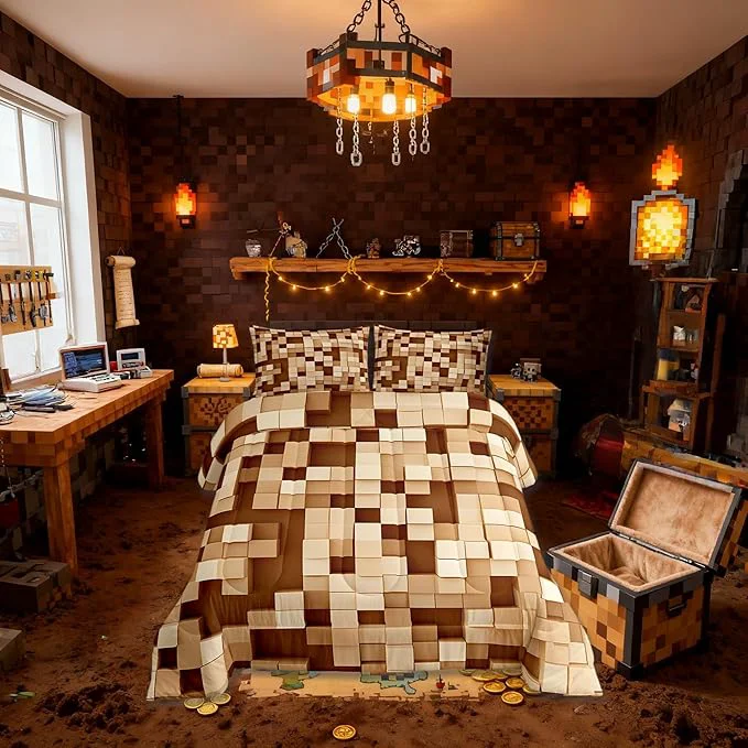 Easy-to-Use Pixelated Kids Bedding Set King Size Patchwork Grid Video Games Comforter Set Miners Lattice Simple Quilt Comforter Light Brown Bedroom Duvet Insert 2 Pillowcases Selected