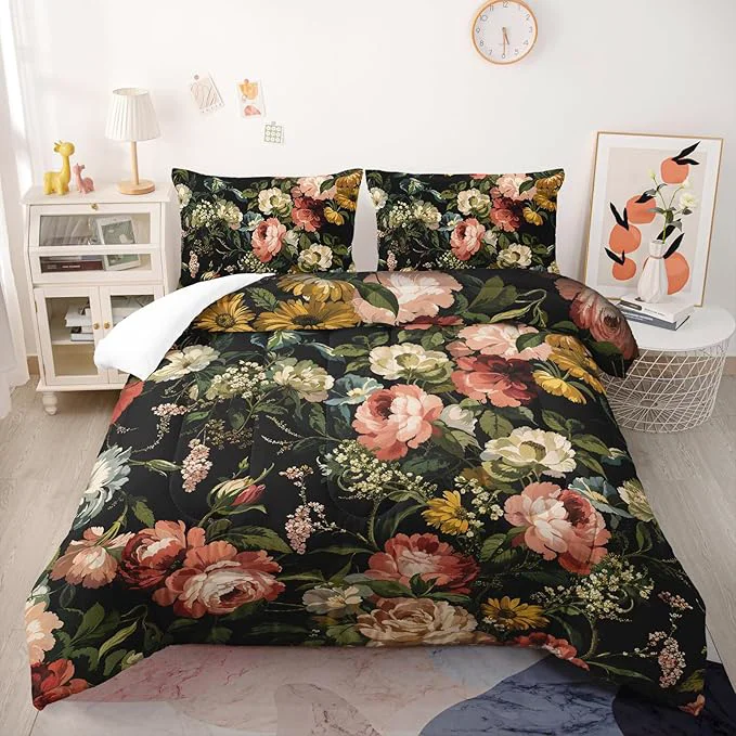 Dependable Black Floral Comforter Set Twin Colorful Floral Bedding Sets 3PCS for Kids Teen Adult Flowers Leaves Room Decor Ultra-Soft Lightweight Microfiber 1 Comforter with 2 Pillowcases Official