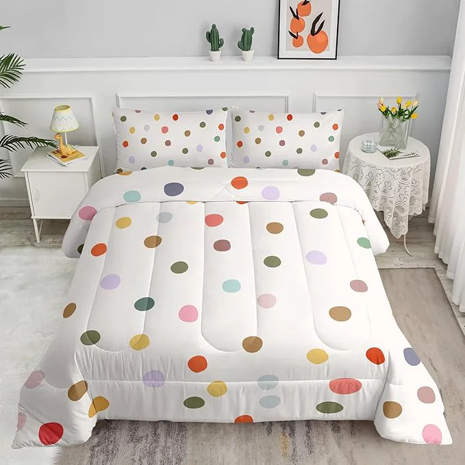 Sustainable Colorful Polka Dots Comforter Set for Girls Girly Kawaii Cartoon Bedding Twin Size Multicolor Circles and White Comforter for Girls Women Modern Geometry Bedding Set 1 Quilt 2 Pillowshams Reliable