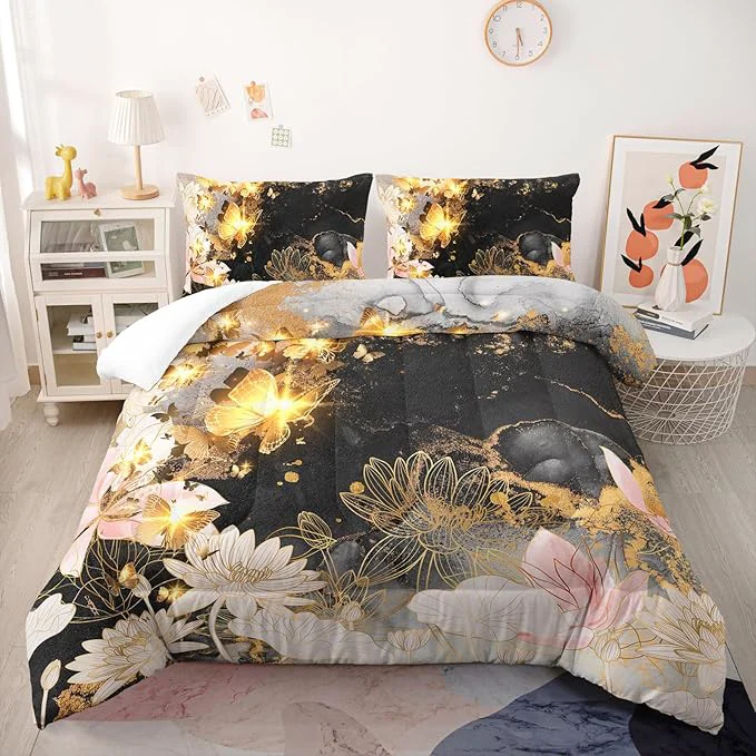 Trusted Butterfly Flowers Comforter Set Full Lotus Floral Bedding Sets 3PCS for Kids Teen Adult Room Decor Ultra-Soft Lightweight Microfiber 1 Comforter with 2 Pillowcases Healthy