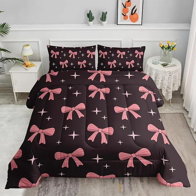 Genuine Pink Cute Bow Comforter Set for Girls King Size Pink Bowknot and Stars Comforter Colorful Bedding for Kids Boys Girls Girly Kawaii Princess Themed Quilt Set 1 Comforter 2 Pillowcases Exclusive