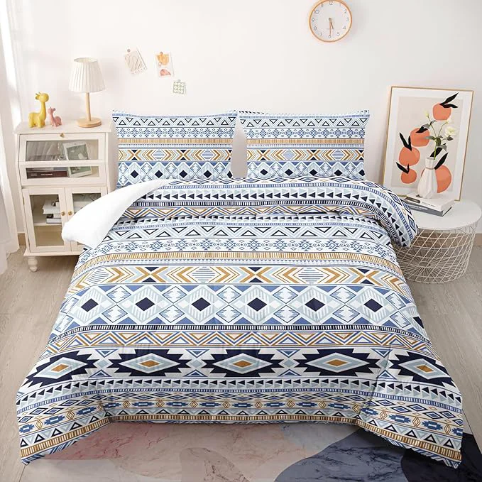High-Quality Native American Stripe Comforter Set Full Size Blue Southwestern Bedding Sets 3PCS for Kids Teen Adult Room Decor Ultra-Soft Lightweight Microfiber 1 Comforter with 2 Pillowcases Minimalist