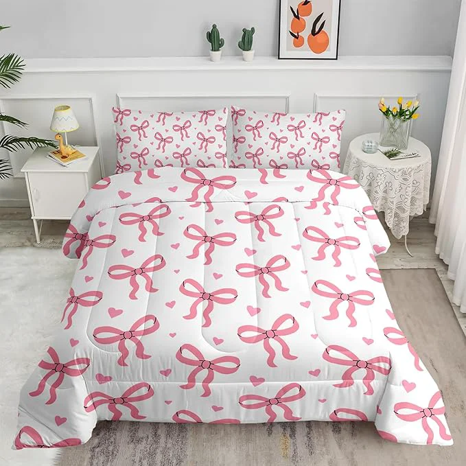 Solid Pink Bowknot Comforter for Girls 3 Pieces Princess Bowknot Bedding Twin Size Kawaii Bow-tie Bed Set for Kids Women Pink Cute Bow Bedding Girls Bedroom Comforter Set 1 Quilt 2 Pillowcases Safe