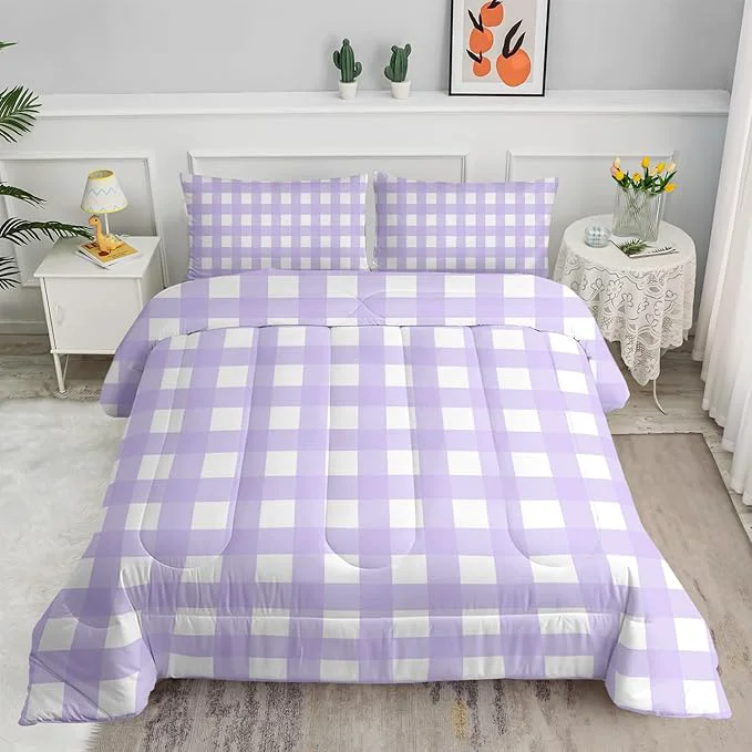 Quality Gingham Comforter Set for Girls Light Purple Kawaii Plaid Checkered Bedding King Size Modern Geometric Bedding for Women Girls Kids Farmhouse Grid Bed Comforter Set 1 Quilt 2 Pillowcases High-Grade