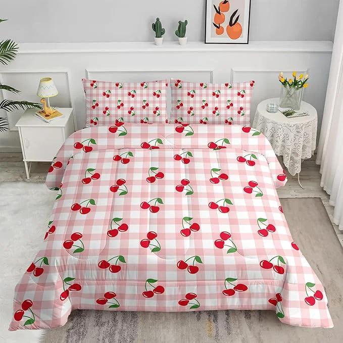 Detailed Red Cherry Gingham Bedding Twin Size Cute Cherry Fruit Comforter Set for Kids Girls Women 3Pcs Pink Grid with Summer Fruit Bedding for Girls Kawaii Plaid Quilt 1 Comforter 2 Pillowcases Casual