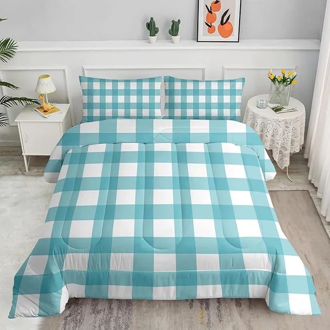 Elite 3Pcs Gingham Bedding for Girls Geometric Patchwork Comforter Set for Boys Girls Kids Teal Plaid Checkered Comforter for Kids Full Size Vintage Farmhouse Bedding Set 1 Quilt 2 Pillowshams Fine Crafted