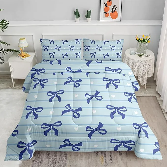 Comfortable 3Pcs Bow Bedding for Girls Blue Bowknot and White Love Heart Printed Bedding Set Queen Size Blue Striped Comforter for Teens Boys Girls Kawaii Cartoon Comforter Set 1 Quilt 2 Pillowshams Green
