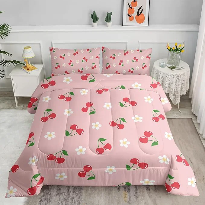 Reusable Pink Kawaii Bedding Set for Girls 3Pcs Cute Cartoon Fruit Printed Bedding Twin Size Cherries and Flowers Comforter for Kids Girls Women Lovely Pink Floral Comforter Set 1 Quilt 2 Pillowcases Verified