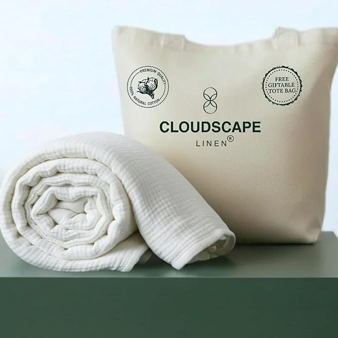 Innovative CLOUDSCAPE Cotton Muslin Throw Blanket for Adults – 4 Layer 50×70 Oversized Breathable Gauze Bedding All Season Spring Gifting Cozy Lightweight Throw for Sofa Couch Home Decor – White Premium Material