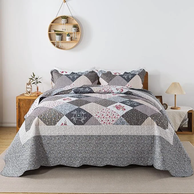 Unique HoneiLife King Quilt Bedding Set – 3 Pieces Microfiber Quilt Sets Lightweight Bedspreads Reversible Coverlets Retro Bed Cover Quilt King Size All Season Quilts-Grey Genuine
