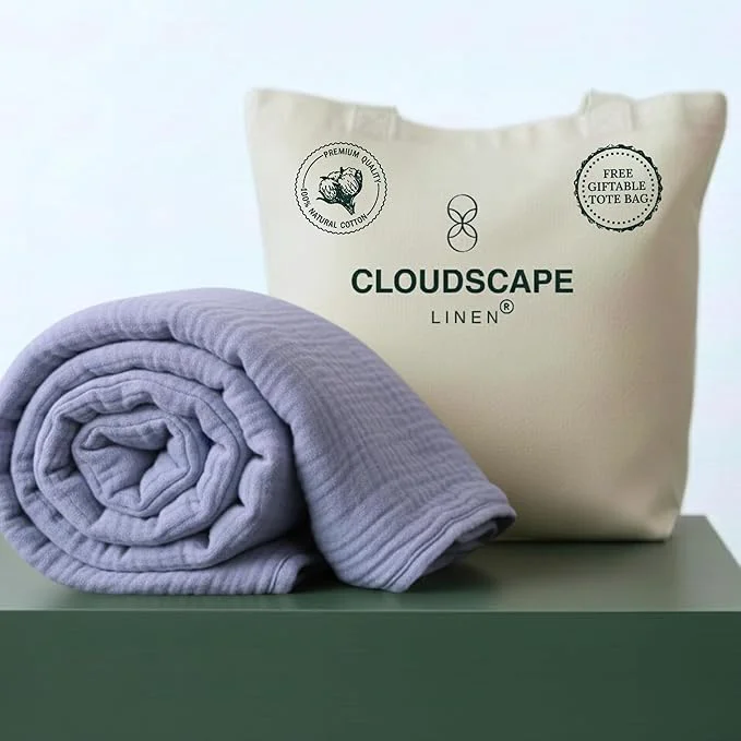 Classic CLOUDSCAPE Cotton Muslin Throw Blanket for Adults – 4 Layer 50×70 Oversized Breathable Gauze Bedding All Season Spring Gift Cozy Lightweight Throw for Sofa Couch Home Decor – Lavender Blue Top-Quality