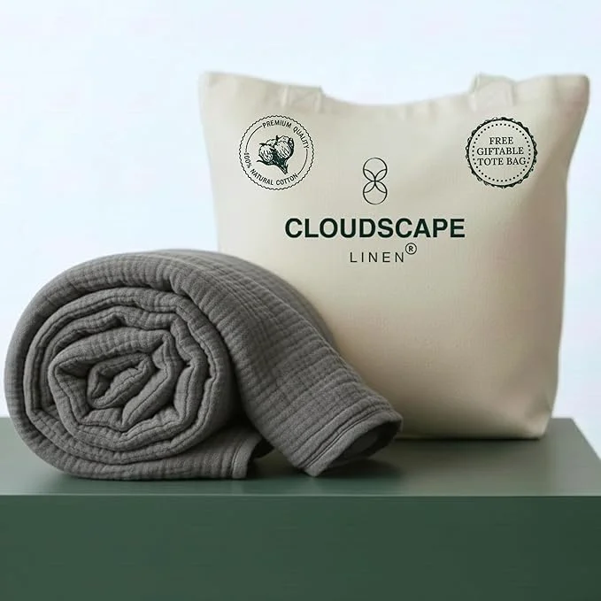 Comfortable CLOUDSCAPE Cotton Muslin Throw Blanket for Adults – 4 Layer 50×70 Oversized Breathable Gauze Bedding All Season Spring Gifting Cozy Lightweight Throw for Sofa Couch Home Decor – Sharkskin