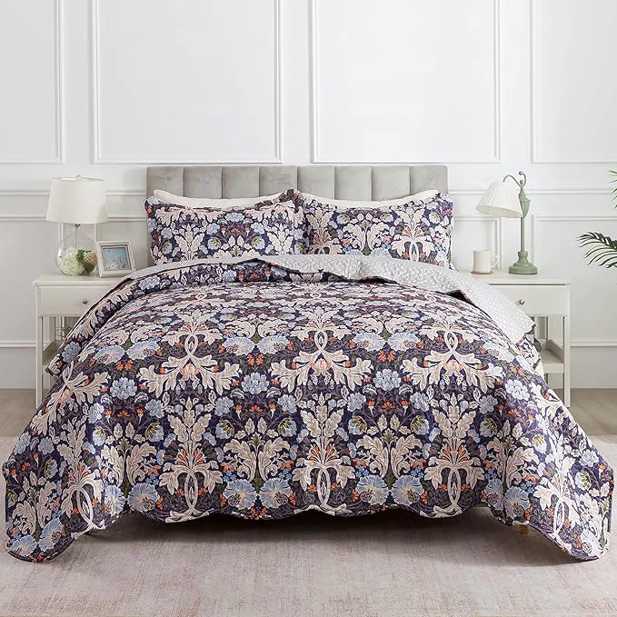 Trendy HoneiLife Quilt Set King Size – Microfiber Bedspread 3-Piece Reversible Coverlet Lightweight Bedcover King Quilt Bedding Sets-Navy Modern