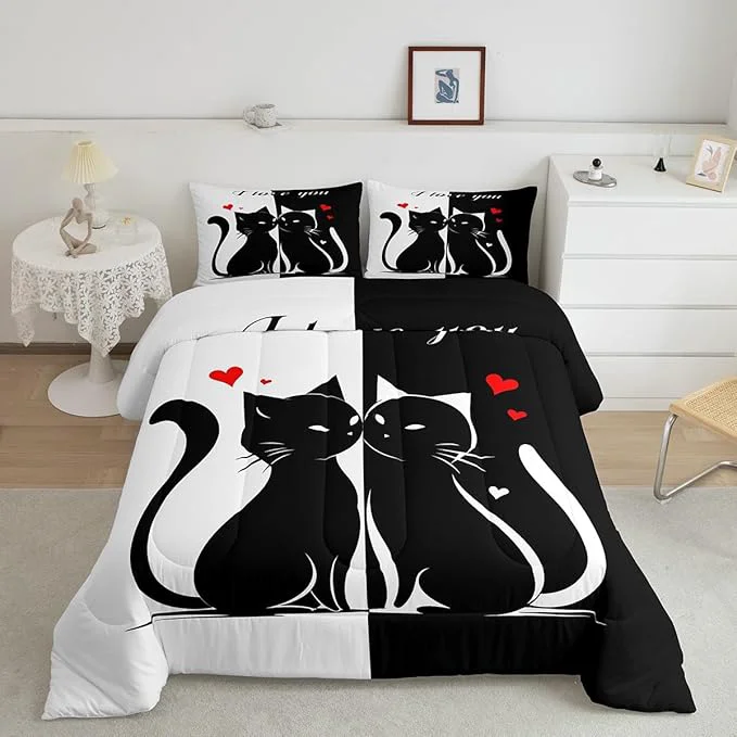 Recyclable Cats Lovers Bedding Set for Boys Girls Cute Cat Valentine 39 s Day All Season Cozy Comforter Set Full Size Black and White Couples Duvet Set Bedroom Décor Gift for Kids Prestigious