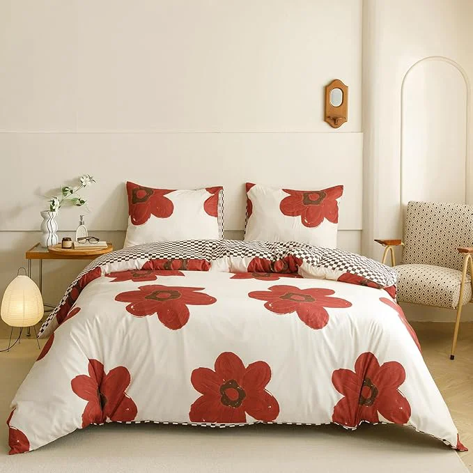 Clean KAREVER Red Floral Comforter Queen White with Red Flower Bedding Set 3 PCs Comforter Set Queen Size Comforter 90×90 Inches with 2 Pillowcases 26×26 inches Reusable