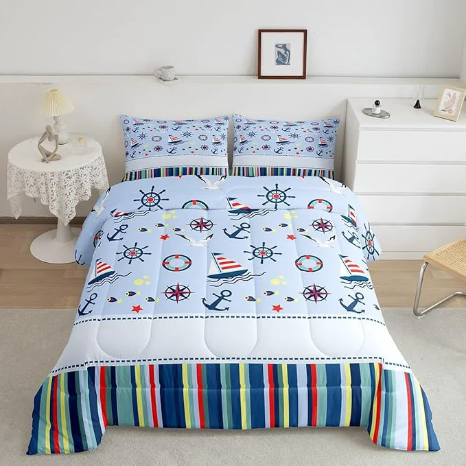 Long-Lasting Castle Fairy Nautical Anchor Twin Size Down Comforter Set Ocean Fish Seagull Blue Duvet Quilt Set Soft Bed Collection Outdoor Adventure Red Blue Stripes Bedding Comforter for Boys Girls Bedroom 2 Pcs Genuine