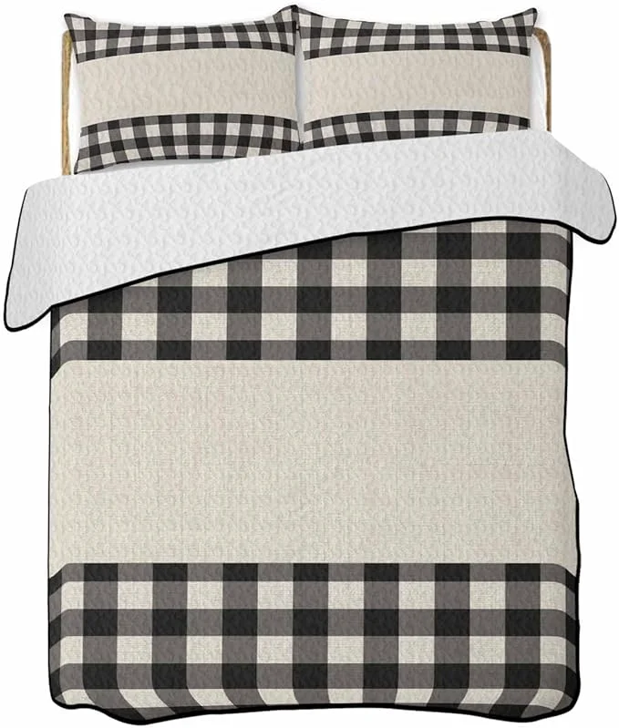High-Performance Quilts Full Size Retro Black Soft Comforter Bedding Set for Bed Farmhouse Buffalo Plaid Vintage Beige Lightweight Quilted Bedspread with Pillow Cover 2 Pieces for All Season 78×90 Inch Selected