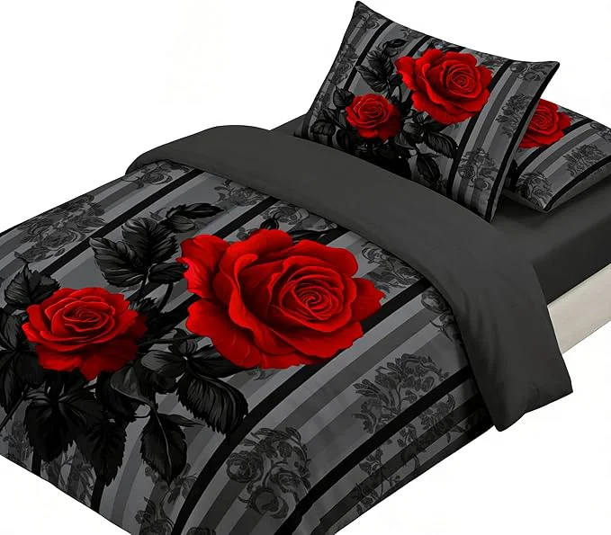 Luxury Red Rose Comforter Set Twin Size for Girls Black Floral Bedding Set for Vintage Country Bedroom Decor – 2Piece Soft Fluffy Microfiber Quilted Set with 1 Pillowcase 68 quot x86 quot