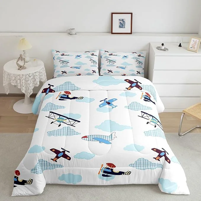 Detailed Kids Aircraft Comforter Set for Kids Boys Teens Airplanes Bedding Sets Teens Cute Room Decor Blue White Clouds Chic Gingham Duvet Set Quilt Set Twin 1 Comforter with 1 Pillow Case Fine Crafted