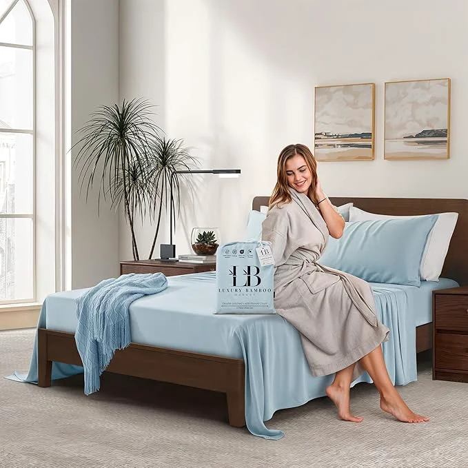 Premium Luxury Bamboo Market Queen Size Bed Sheet Set Viscose Made from Bamboo Organically Grown Ultra Soft Cooling Sheets for Hot Sleepers 17 quot Deep Pocket Spa Blue Next-Generation