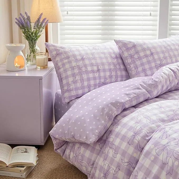 Original Light Purple Bowknot Comforter Set Queen Size for Girls Purple Gingham Bedding with Heart Pattern 3 Pcs Checkered Plaid Quilted Comforter Set with 2 Pillowcases 90 quot x90 quot Selected