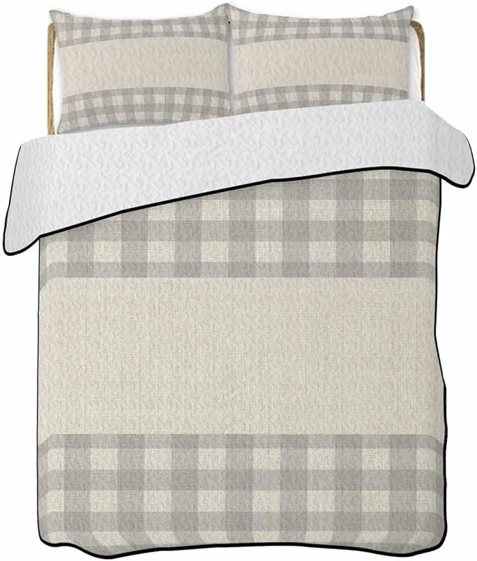 Premium Material Quilts King Size Retro Grey Soft Comforter Bedding Set for Bed Farmhouse Buffalo Plaid Vintage Beige Lightweight Quilted Bedspread with Pillow Cover 2 Pieces for All Season 96×106 Inch Trendy