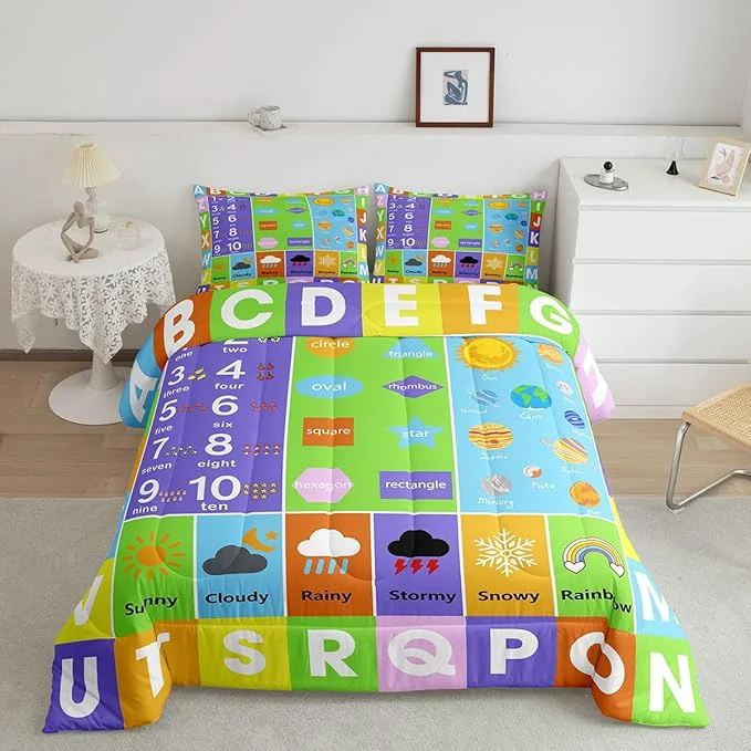 Consistent Castle Fairy Alphabet Twin Size Down Comforter Set Educational Weather Planets Number Duvet Quilt Set Soft Bed Collection Watercolor Patchwork Bedding Comforter for Boys Girls Bedroom 2 Pcs Safe