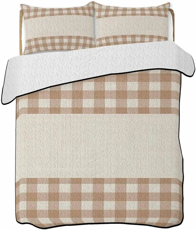 Stylish Quilts Twin Size Retro Brown Soft Comforter Bedding Set for Bed Farmhouse Buffalo Plaid Vintage Beige Lightweight Quilted Bedspread with Pillow Cover 2 Pieces for All Season 68×86 Inch Environmentally Friendly