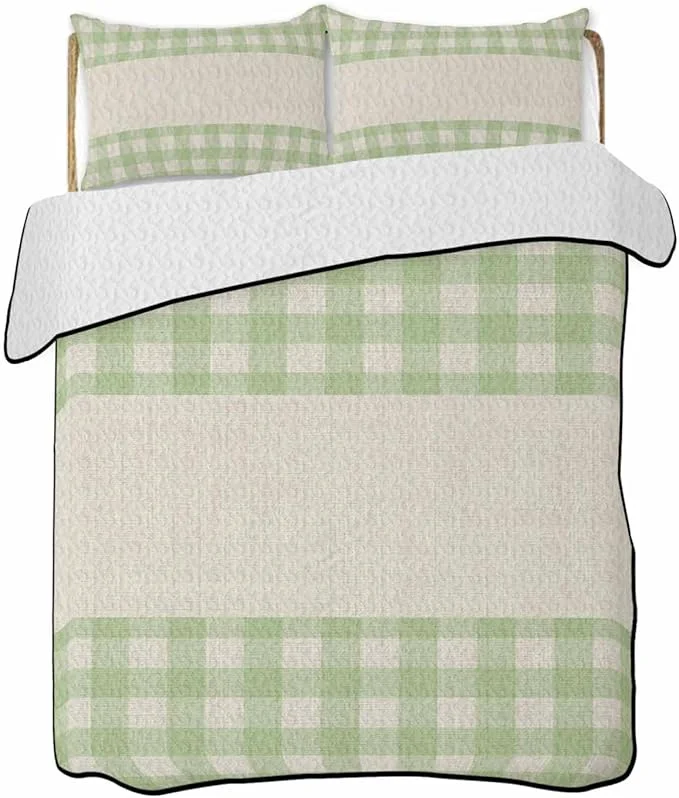 Luxury Quilts Twin Size Retro Green Soft Comforter Bedding Set for Bed Farmhouse Buffalo Plaid Vintage Beige Lightweight Quilted Bedspread with Pillow Cover 2 Pieces for All Season 68×86 Inch Selected
