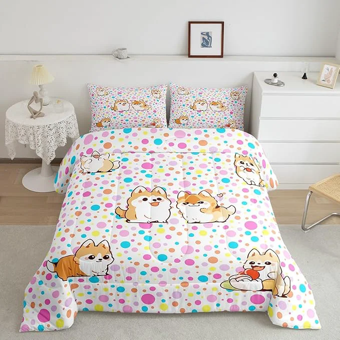 Long-Lasting Castle Fairy Kawaii Dogs Comforter Set King Colorful Polka Dots Bedding Set for Boys Girls Teens Bedroom Decor Cartoon Puppies Cute Pet Theme Quilt Set Super Soft Duvet Set Gift for Her Him Premium