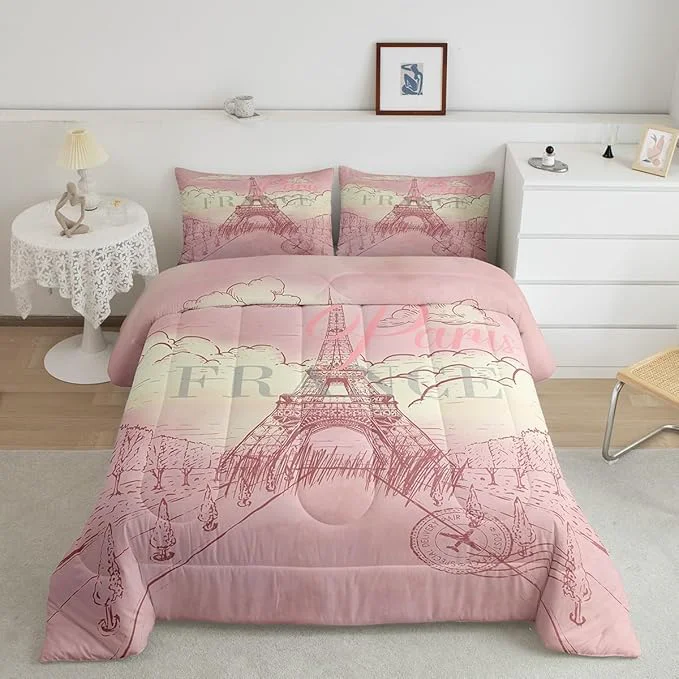 High-Quality Castle Fairy Eiffel Tower Twin Size Down Comforter Set Retro Paris Style Duvet Quilt Set Soft Bed Collection Vintage Cityscape Girls Women Landmark Bedding Comforter for Boys Girls Bedroom 2 Pcs Quality