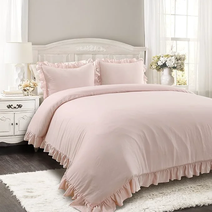 Easy-to-Use Lush Decor Reyna Ruffle Comforter Set – 3 Piece Cozy Ruffled Bedding Set – Timeless Elegance and Comfort for Dorm Room – Full Queen Blush Official