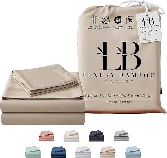 Long-Lasting Luxury Bamboo Market Queen Size Bed Sheet Set Viscose Made from Bamboo Organically Grown Ultra Soft Cooling Sheets for Hot Sleepers 17 quot Deep Pocket Dune
