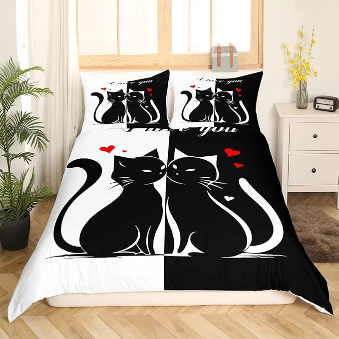 Detailed Cats Lovers Duvet Cover Twin Size Cute Cat Valentine 39 s Day Bedding Set for Kids Teens Black White Couples Comforter Cover Soft Quilt Cover No Comforter Eco-Friendly