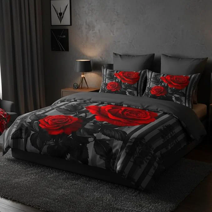 User-Friendly Grey Stripe Comforter Black Red Roses Bedding Set Queen Size for Women Romantic Botanical Leaves Quilted Comforter for Bedroom Decor – 3Piece Soft Fluffy Microfiber with 2 Pillowcases Comfortable