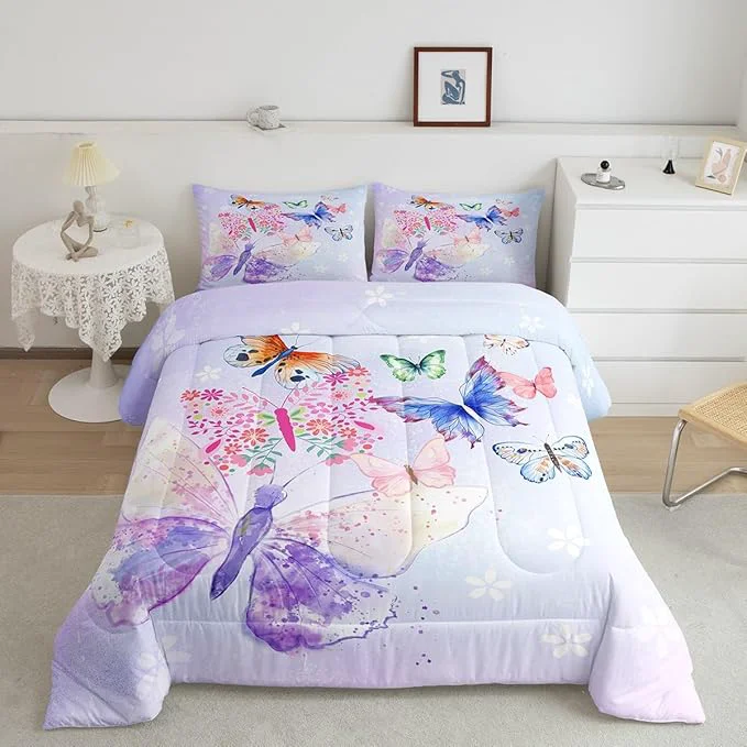 First-Class Purple Butterfly Bed Comforters Set Queen Size Kids Girls Butterflies Super Soft Microfiber Bedding Set Daisy Flowers Rustic Flying Animal Room Decorative Comforter Set 2 Pillowcase Artisan