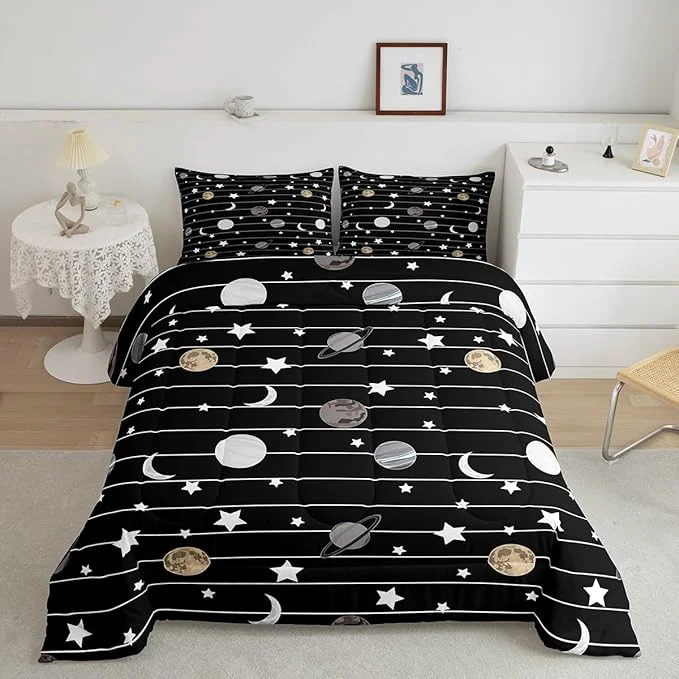 Unique Cartoon Planet Bed Comforters Set Queen Size Starry Galaxy Super Soft Microfiber Bedding Set for Boys Girls Moon Night Black White Lines Room Decorative Comforter Set 2 Pillowcase Durable