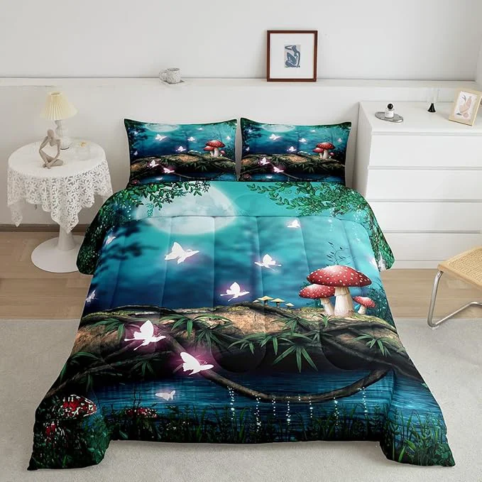 Modern Red Mushroom Comforter Set for Kids Moon Night Sky Jungle Bedding Sets Teens Cute Room Decor al Butterfly Cartoon Plant Duvet Set Quilt Set Twin 1 Comforter with 1 Pillow Case Recyclable