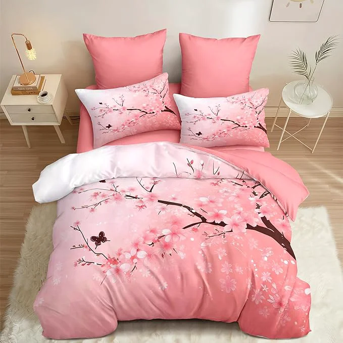 Detailed Cherry Blossom Comforter Set Twin Size Pink Floral Bedding Set for Girls Kids Japanese Flower Decor Quilt Set – 2Pcs Soft Fluffy Microfiber with 1 Pillowcase 68 86 Secure