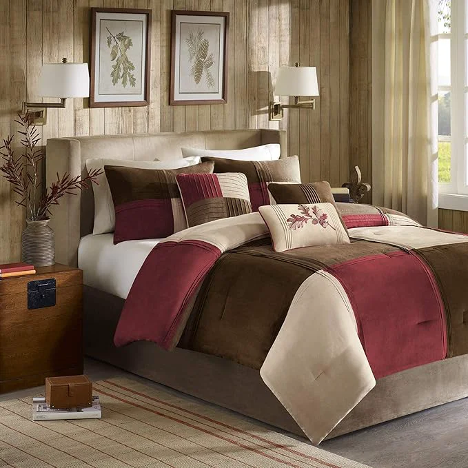 Classic Madison Park Cozy Comforter Set Casual Blocks Design All Season Matching Bed Skirt Decorative Pillows King 104 quot x92 quot Red Brown 7 Piece High-Quality