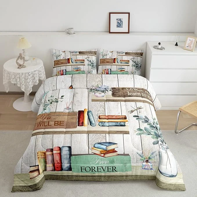Traditional Watercolor Books Queen Size Comforter Set Reading Time Girls Women Down Comforter Bedroom Decor Rustic Farmhouse Style Floral Leaves Ultra Soft Microfiber Inner Fill 3Pcs Bedding Healthy