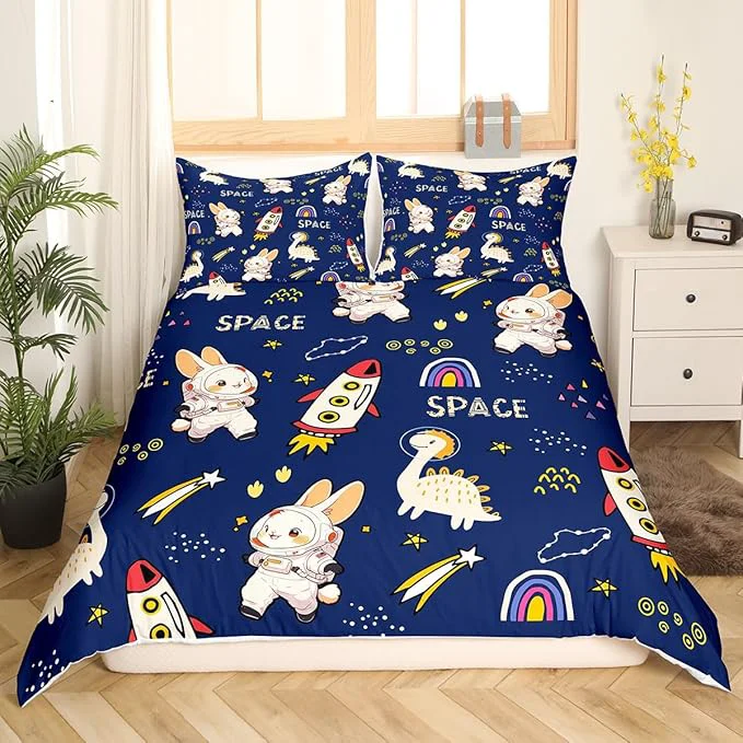 Top-Quality Cute Rabbits Bedding Set Kids Boys Dinosaurs Duvet Cover Set Cartoon Rocket Comforter Cover Set Starry Galaxy Navy Bedspread Cover Bedroom Quilt Cover 3Pcs King with 2 Pillowcase No Comforter Responsible