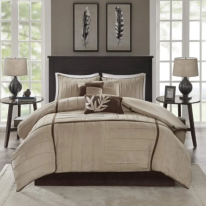 Excellent Madison Park Cozy Comforter Set Casual Blocks Design All Season Matching Bed Skirt Decorative Pillows King 104 quot x92 quot Dune Suede Beige Brown 7 Piece Reliable