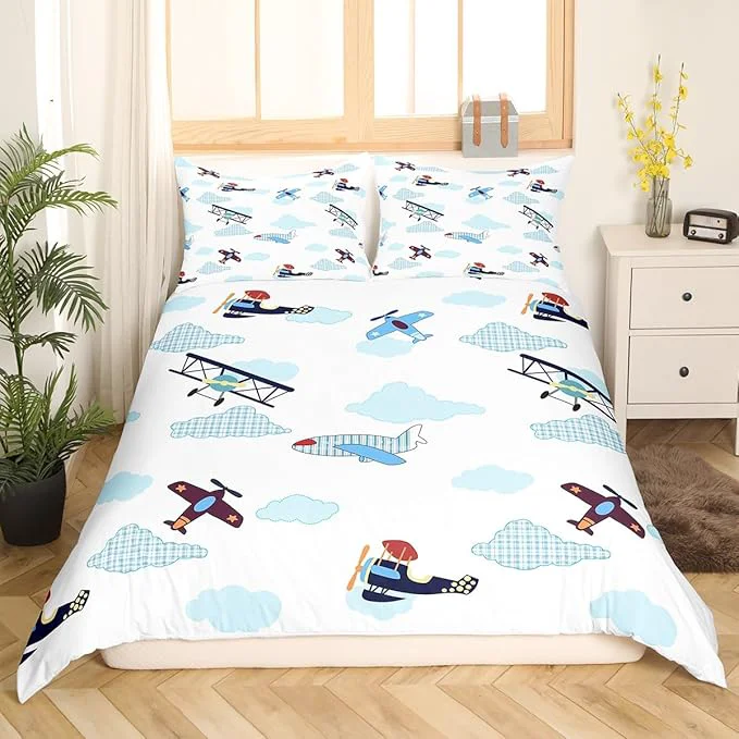 Original Design Castle Fairy Kids Aircraft Bedding Set Boys Teens Airplanes Duvet Cover Set Blue White Clouds Comforter Cover Chic Gingham Bedspread Cover Bedroom Quilt Cover 3Pcs King with 2 Pillowcase No Comforter Classic