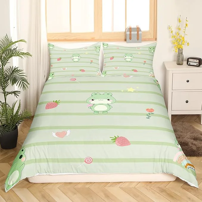 Quality Cute Frog Bedding Set for Kids Pink Strawberry Sweet Fruits Comforter Cover with Zipper Closure Light Green Frogs Stripes Bedding Set Twin Size Boys Girls Ultra Soft Quilt Cover No Comforter Convenient
