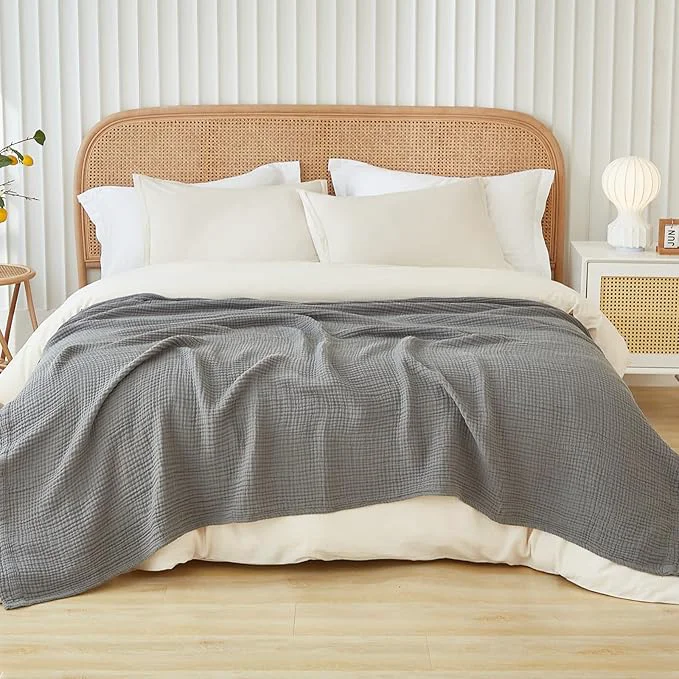 Optimized EMME Cotton Muslin Blanket King Size – Soft Breathable Layering Blanket 108 quot x90 quot All Season Gauze Grey Artisan