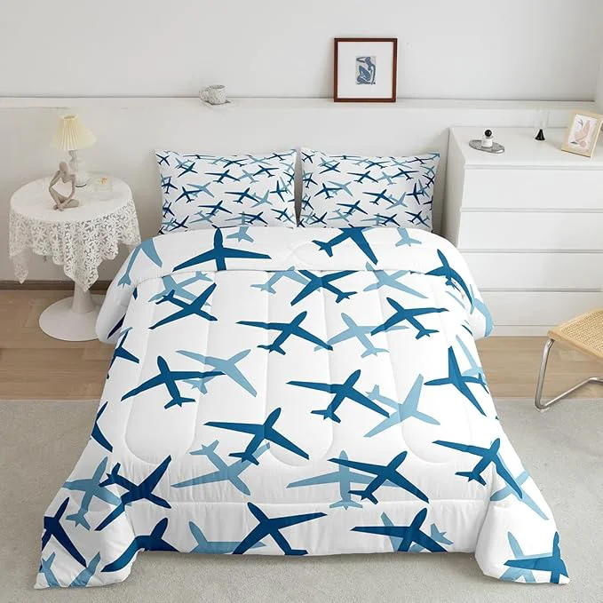 Fast Castle Fairy Kids Aircraft Comforter King Size Cartoon Transportation Vehicles Comforter Set Bedding Set for Youth Adults Boys Airplane Blue White Duvet Set Ultra Soft Room Decor 3Pcs Quilt Set Organic