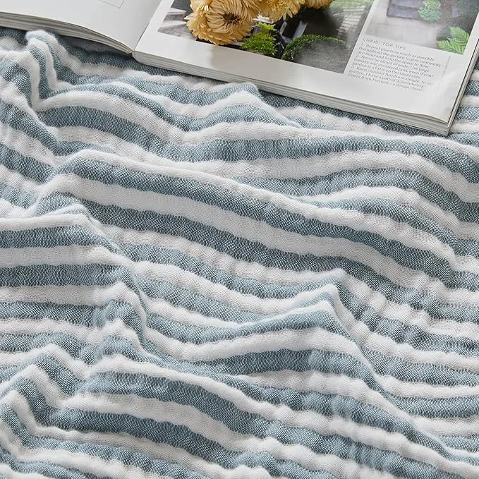 Trendy EMME Cotton Muslin Twin XL Blanket Breathable Gauze Soft Lightweight Adults Gifts for Women Striped Teal 66 quot x90 quot Next-Generation