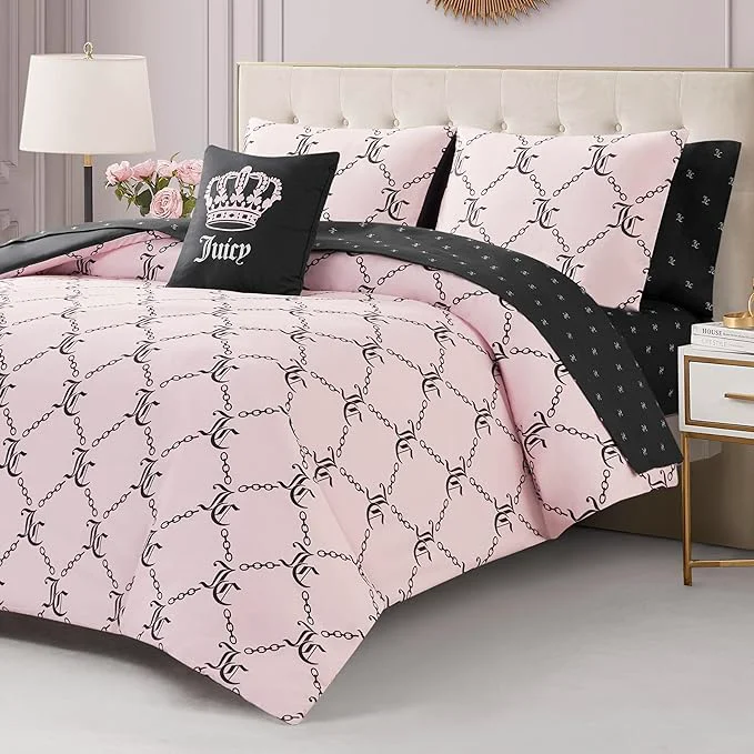 Breathable Juicy Couture Light Pink Black Link Logo Printed Comforter Set Twin – Complete 6-Piece Bed in a Bag Collection Casual