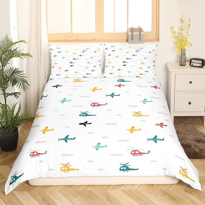 Lightweight Castle Fairy Kids Aircraft Bedding Set Watercolor Transportation Vehicles Duvet Cover Set Boys Airplanes Comforter Cover Colorful Helicopter Bedroom Quilt Cover Queen with 2 Pillowcase No Comforter Fine